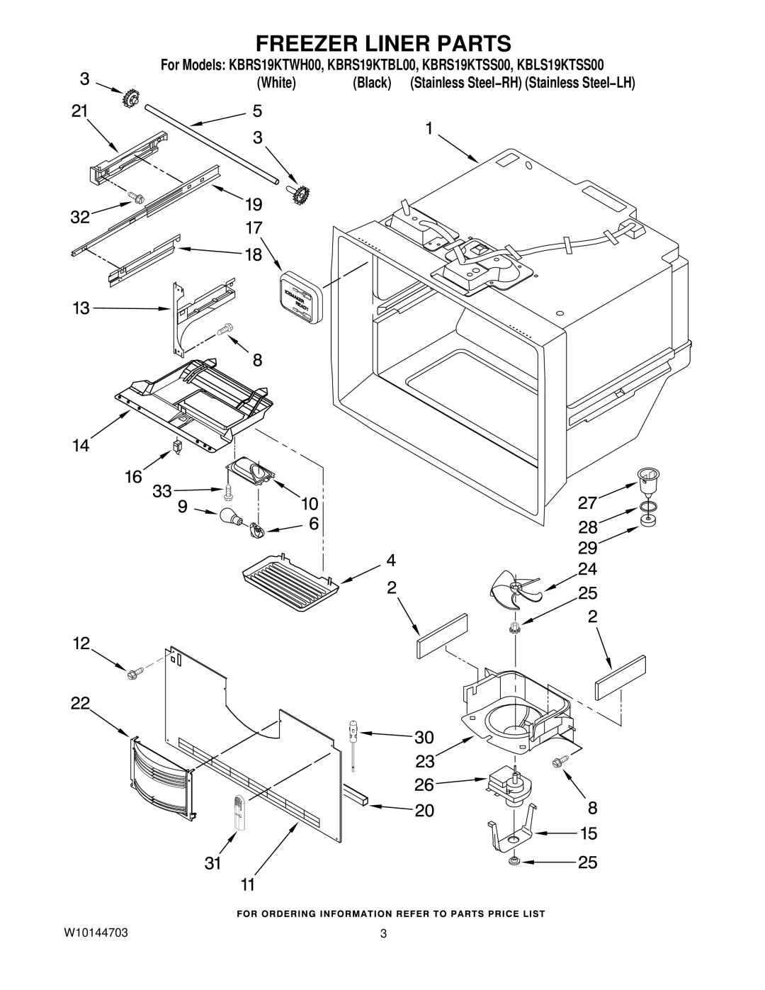 KitchenAid KBRS19KTWH00, KBLS19KTSS00, KBRS19KTBL00, KBRS19KTSS00 manual Freezer Liner Parts 