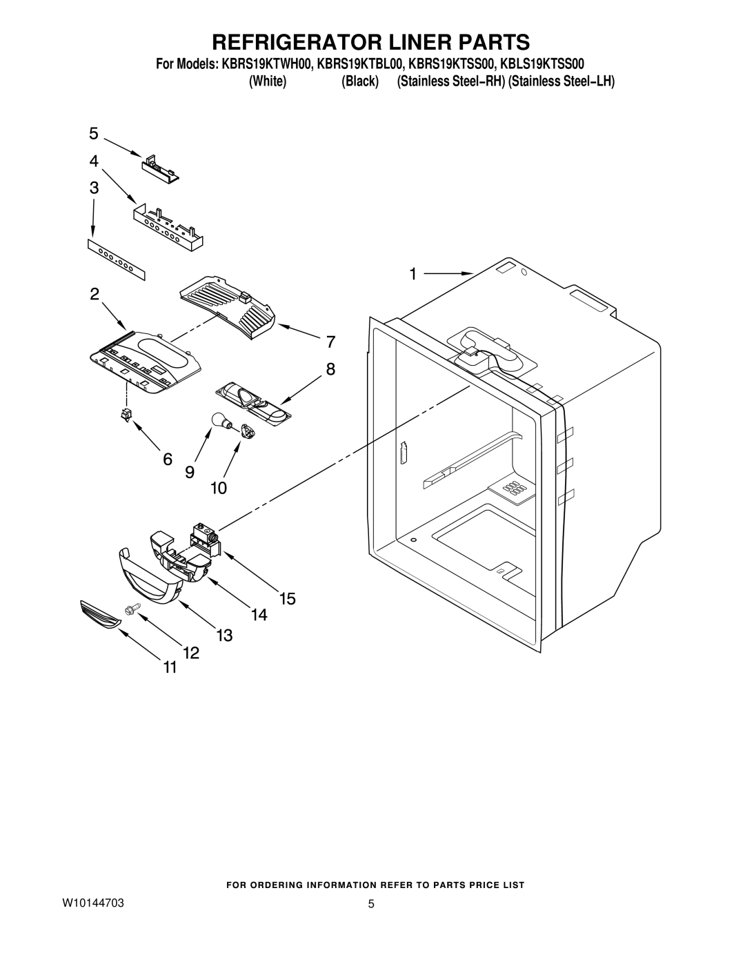 KitchenAid KBRS19KTBL00, KBLS19KTSS00, KBRS19KTSS00, KBRS19KTWH00 manual Refrigerator Liner Parts 