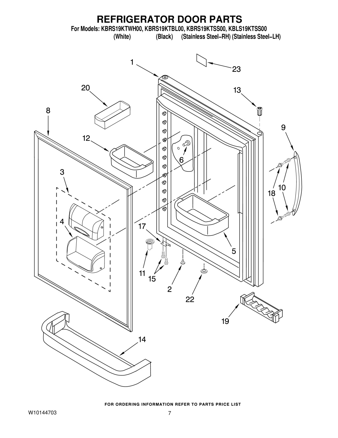 KitchenAid KBRS19KTWH00, KBLS19KTSS00, KBRS19KTBL00, KBRS19KTSS00 manual Refrigerator Door Parts 