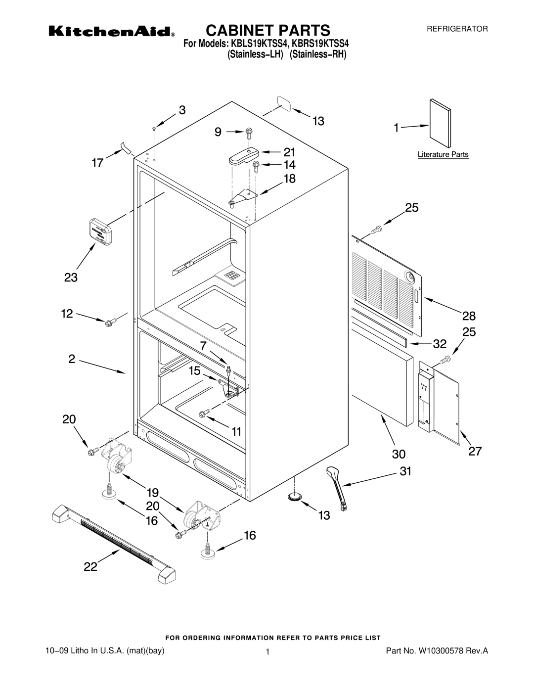 KitchenAid KBRS19KTSS4, KBLS19KTSS4 manual Cabinet Parts 