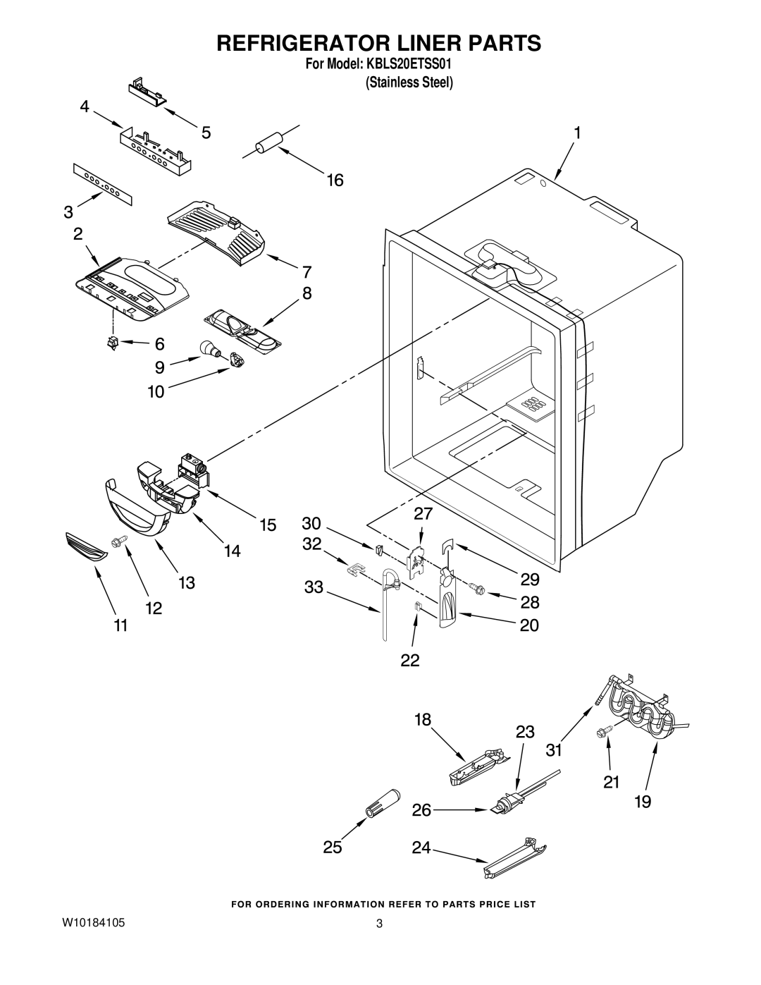 KitchenAid KBLS20ETSS01 manual Refrigerator Liner Parts 