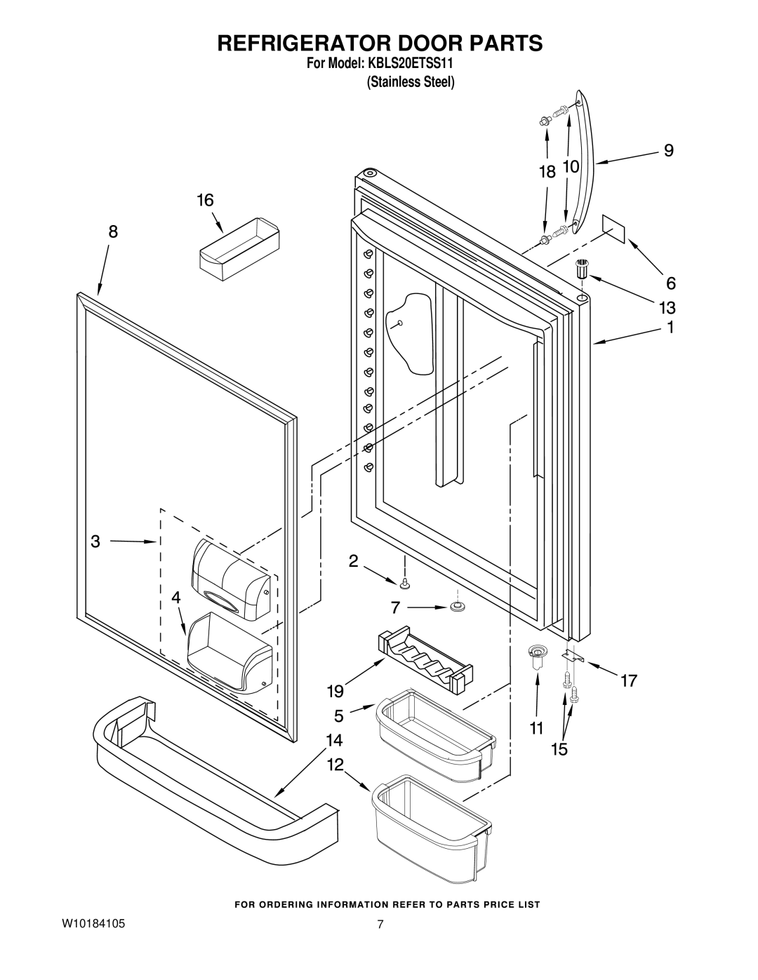 KitchenAid KBLS20ETSS11 manual Refrigerator Door Parts 