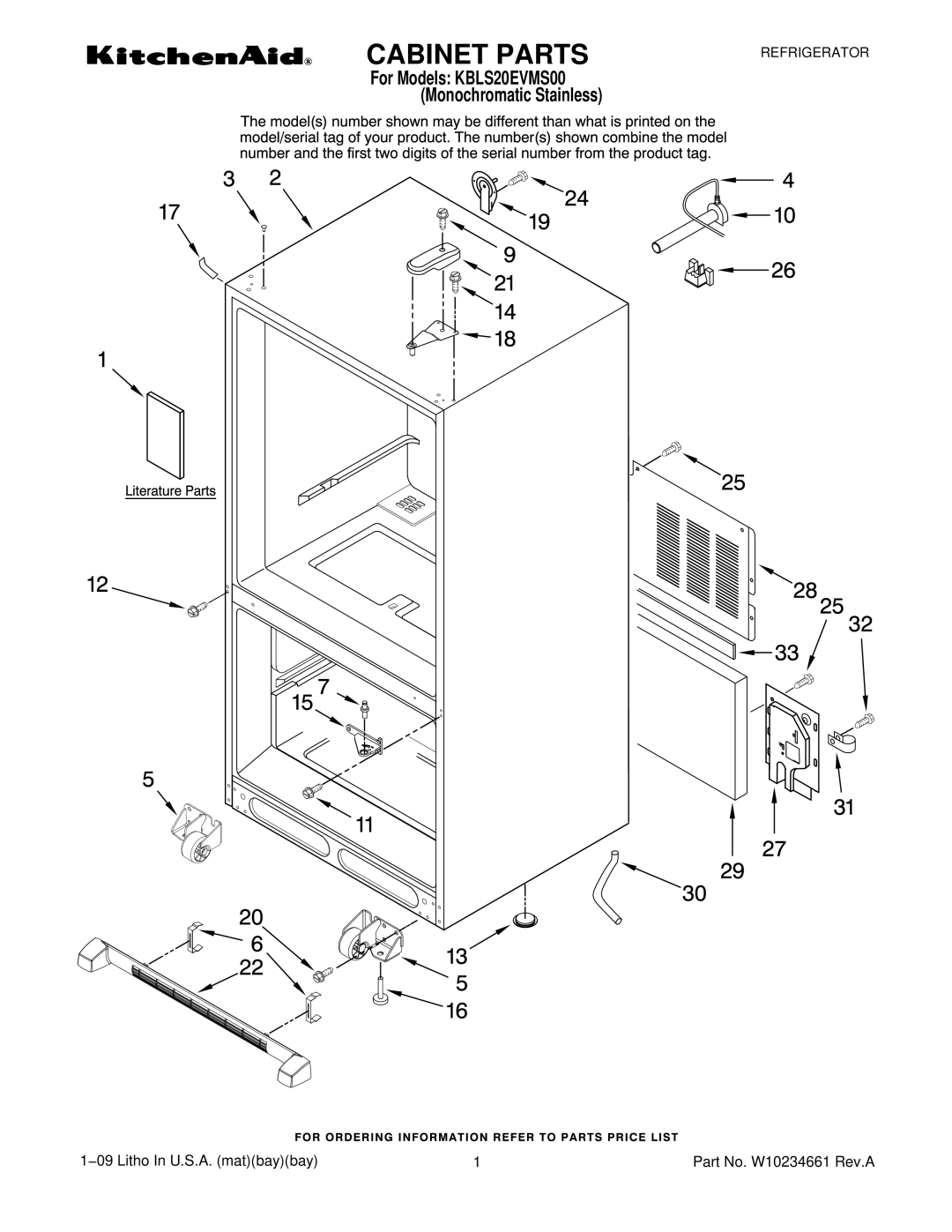 KitchenAid KBLS20EVMS00 manual Cabinet Parts 