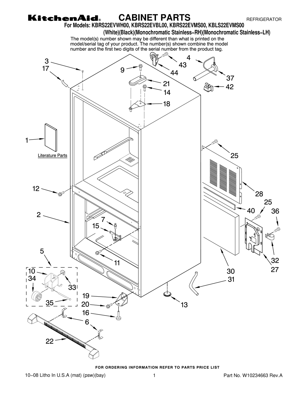 KitchenAid KBRS22EVMS00, KBLS22EVMS00, KBRS22EVWH00, KBRS22EVBL00 manual Cabinet Parts 