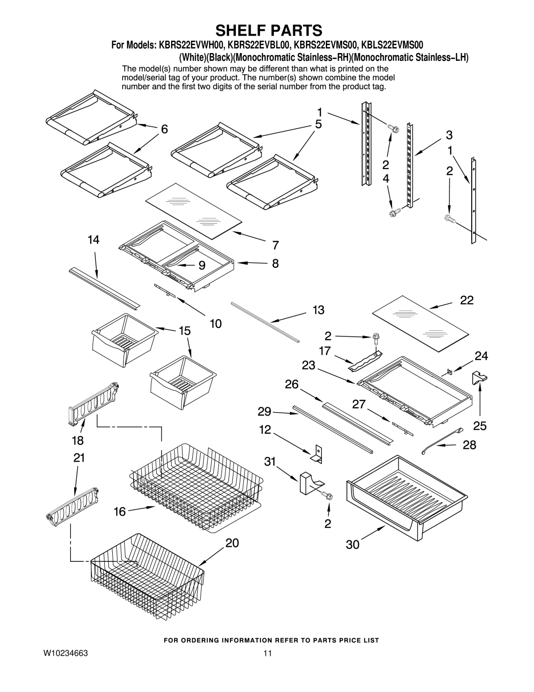 KitchenAid KBRS22EVBL00, KBLS22EVMS00, KBRS22EVMS00, KBRS22EVWH00 manual Shelf Parts 