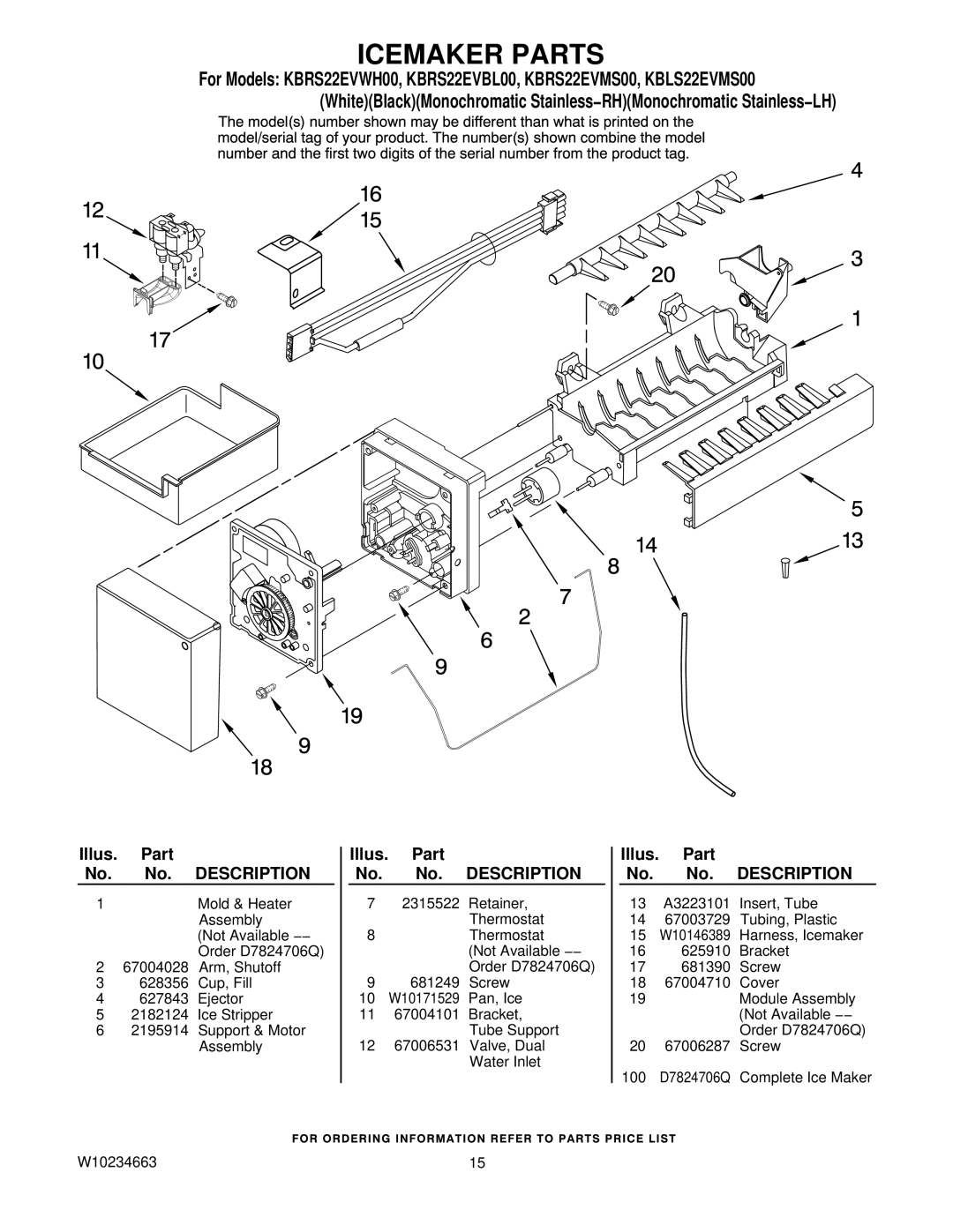 KitchenAid KBRS22EVBL00, KBLS22EVMS00, KBRS22EVMS00, KBRS22EVWH00 manual Icemaker Parts 