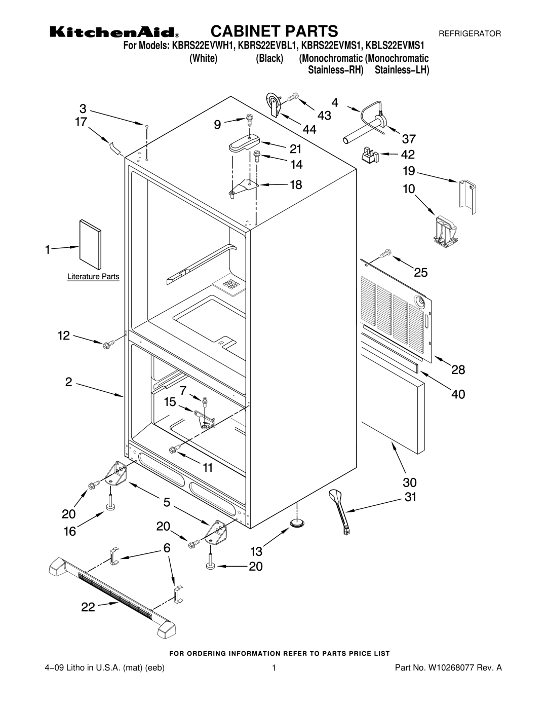 KitchenAid KBRS22EVWH1, KBLS22EVMS1, KBRS22EVBL1, KBRS22EVMS1 manual Cabinet Parts 