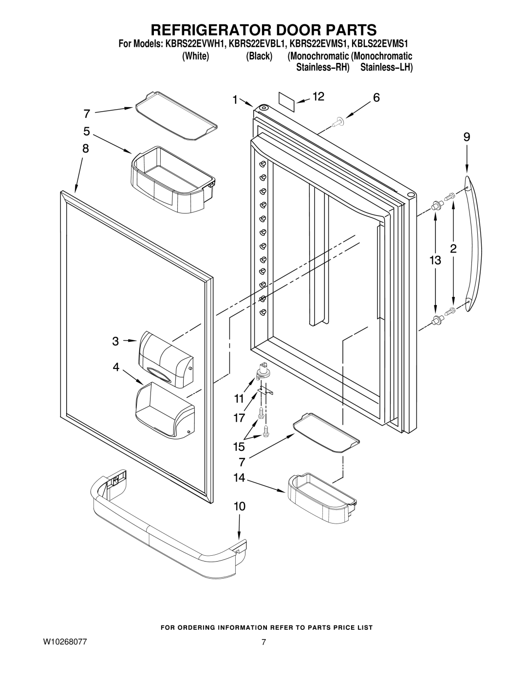 KitchenAid KBRS22EVMS1, KBLS22EVMS1, KBRS22EVWH1, KBRS22EVBL1 manual Refrigerator Door Parts 