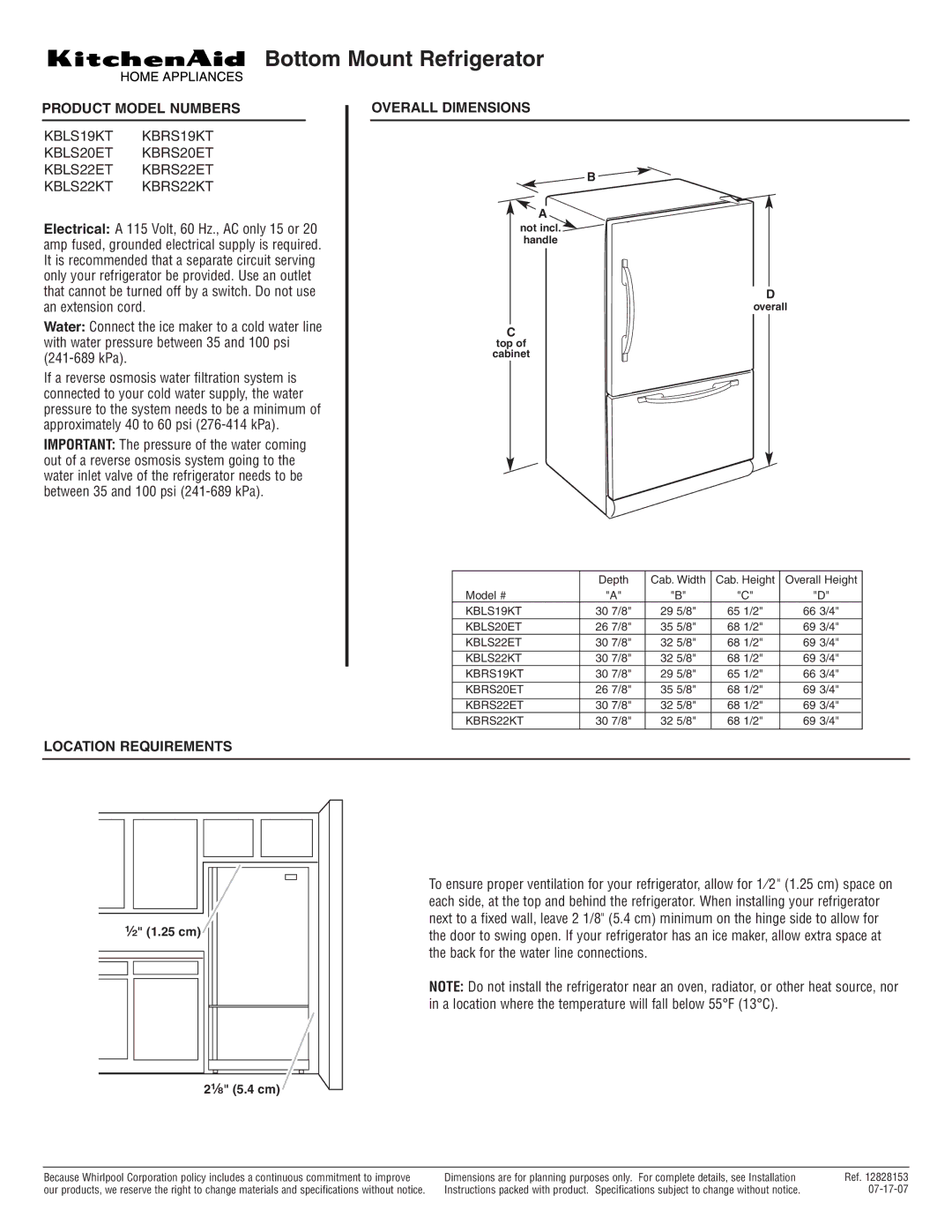 KitchenAid KBLS20ET dimensions Bottom Mount Refrigerator, Product Model Numbers, Location Requirements, Overall Dimensions 