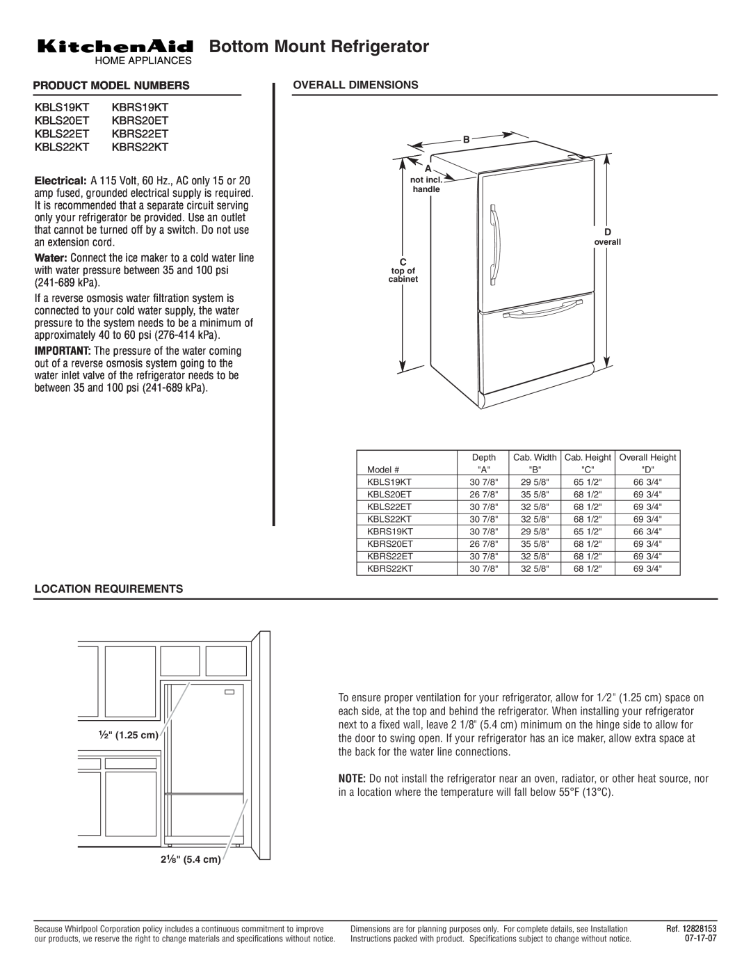 KitchenAid KBLS20ET dimensions Bottom Mount Refrigerator, Product Model Numbers, KBLS22KT KBRS22KT, Location Requirements 