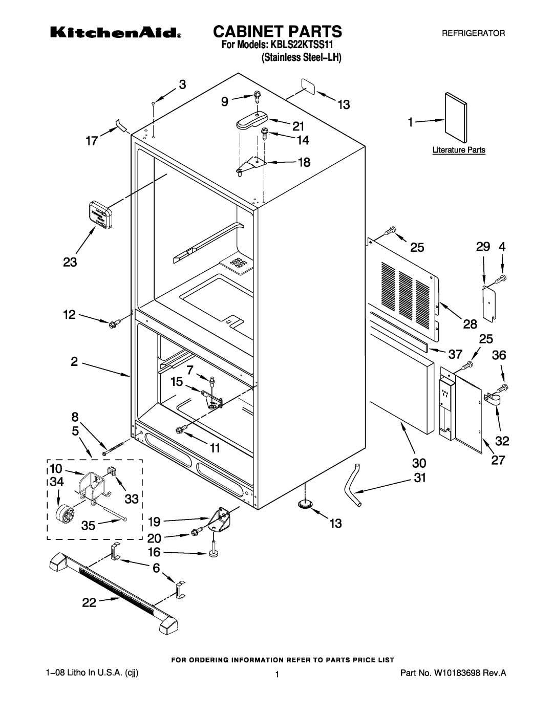 KitchenAid manual Cabinet Parts, 1−08 Litho In U.S.A. cjj, For Models KBLS22KTSS11 Stainless Steel−LH, Refrigerator 