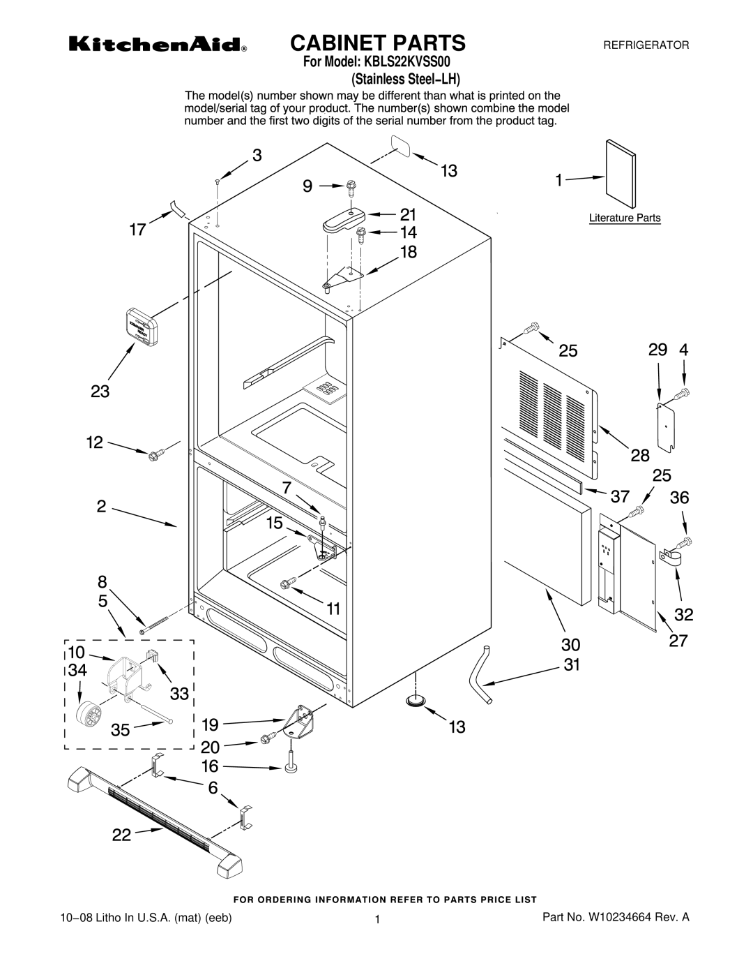 KitchenAid KBLS22KVSS00 manual Cabinet Parts 