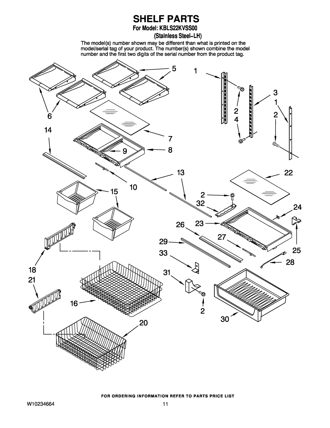 KitchenAid manual Shelf Parts, W10234664, For Model KBLS22KVSS00 Stainless Steel−LH 