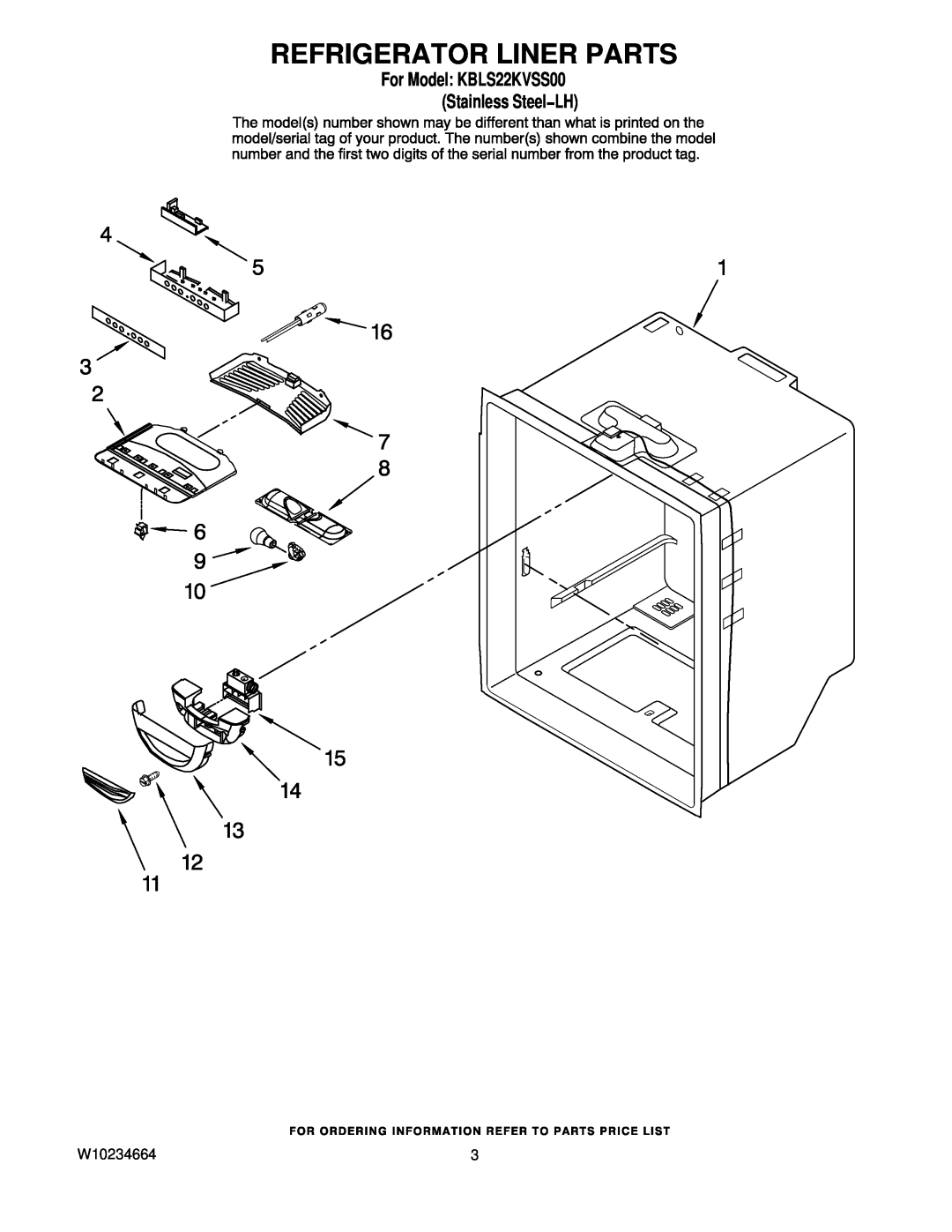 KitchenAid manual Refrigerator Liner Parts, W10234664, For Model KBLS22KVSS00 Stainless Steel−LH 