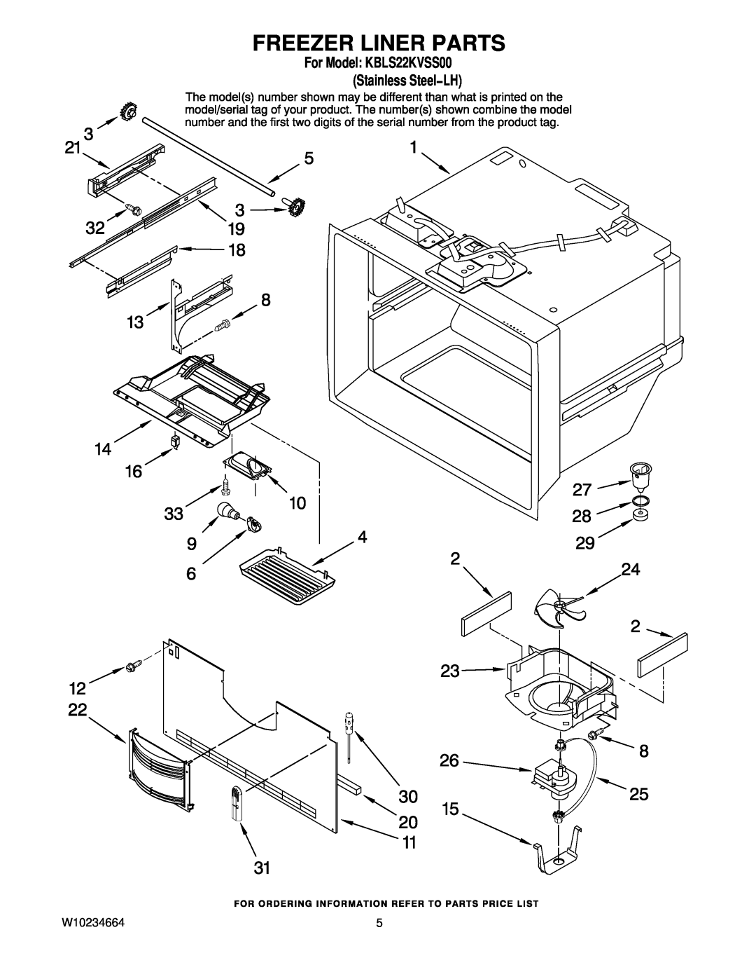 KitchenAid manual Freezer Liner Parts, W10234664, For Model KBLS22KVSS00 Stainless Steel−LH 