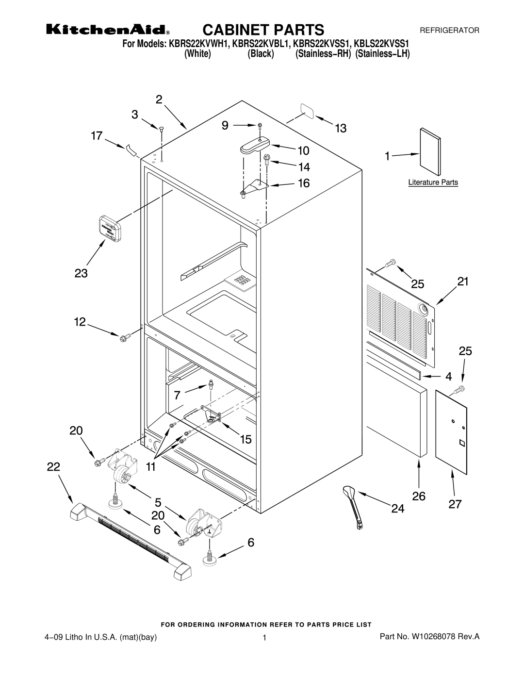 KitchenAid KBRS22KVBL1, KBLS22KVSS1, KBRS22KVWH1, KBRS22KVSS1 manual Cabinet Parts 