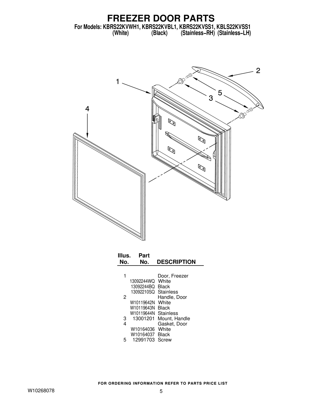 KitchenAid KBRS22KVBL1, KBLS22KVSS1, KBRS22KVWH1, KBRS22KVSS1 manual Freezer Door Parts 