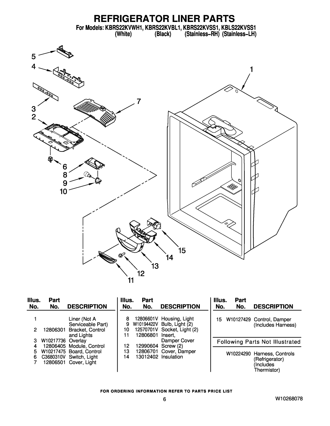 KitchenAid manual Refrigerator Liner Parts, For Models KBRS22KVWH1, KBRS22KVBL1, KBRS22KVSS1, KBLS22KVSS1, White, Black 