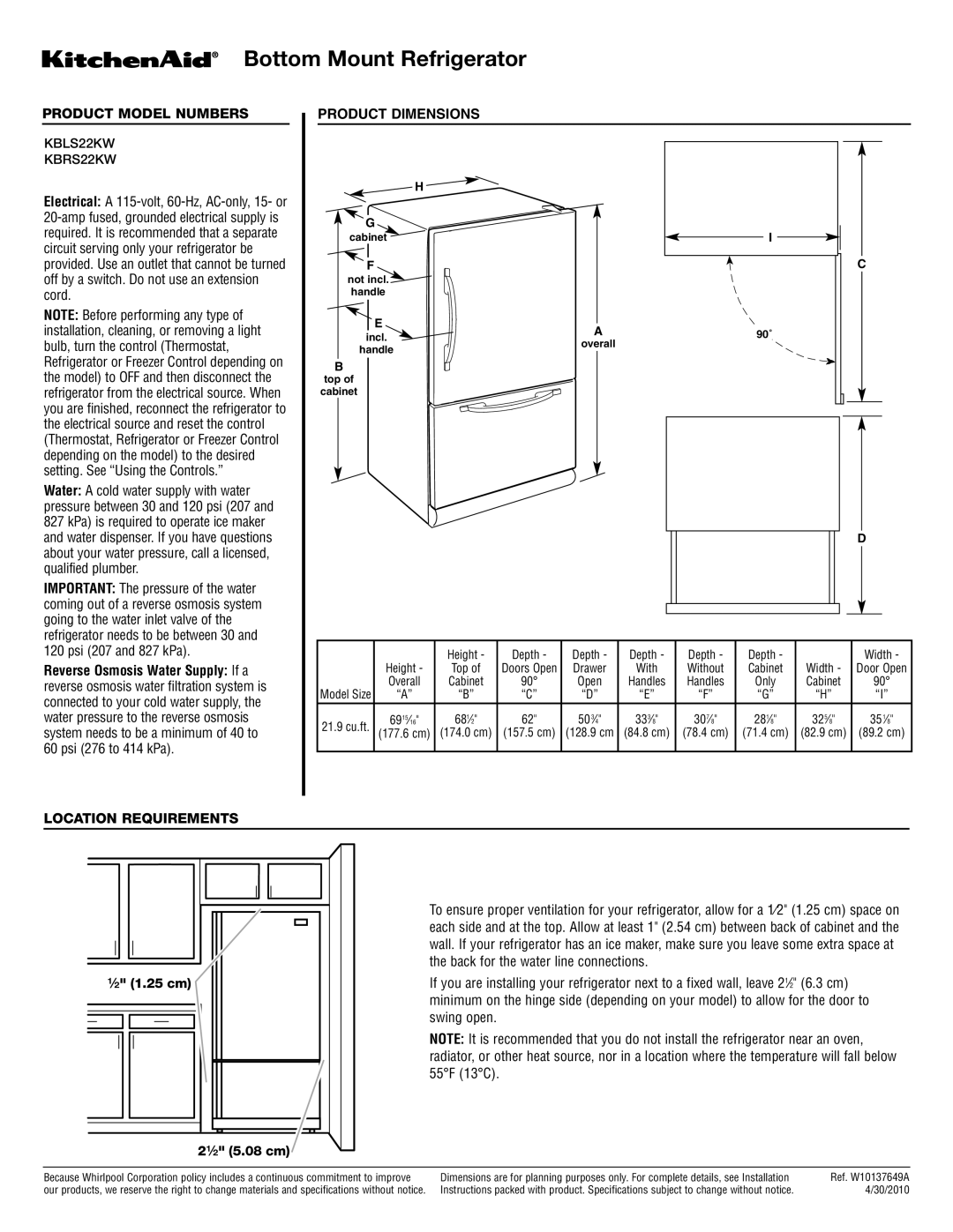 KitchenAid KBRS22KW dimensions Bottom Mount Refrigerator, Product Model Numbers Product Dimensions, Location Requirements 