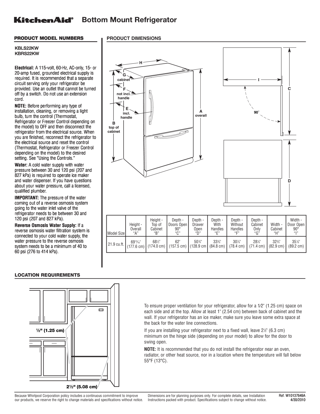 KitchenAid KBRS22KW dimensions Bottom Mount Refrigerator, Product Model Numbers, Product Dimensions, Location Requirements 