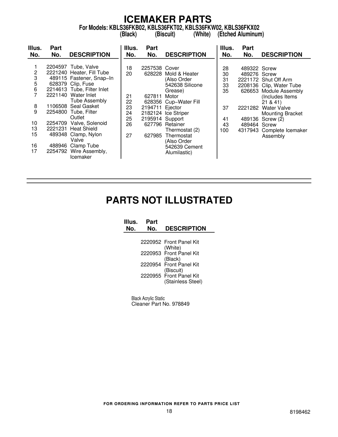 KitchenAid KBLS36FKW02, KBLS36FKT02, KBLS36FKB02, KBLS36FKX02 manual Parts not Illustrated 