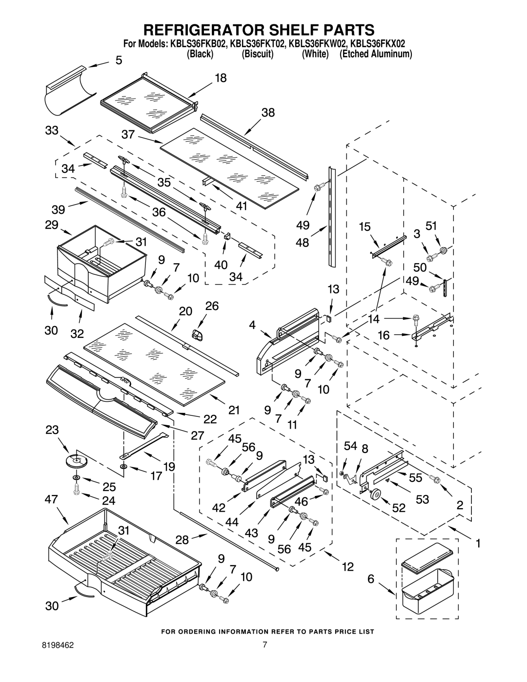 KitchenAid KBLS36FKX02, KBLS36FKT02, KBLS36FKB02, KBLS36FKW02 manual Refrigerator Shelf Parts 