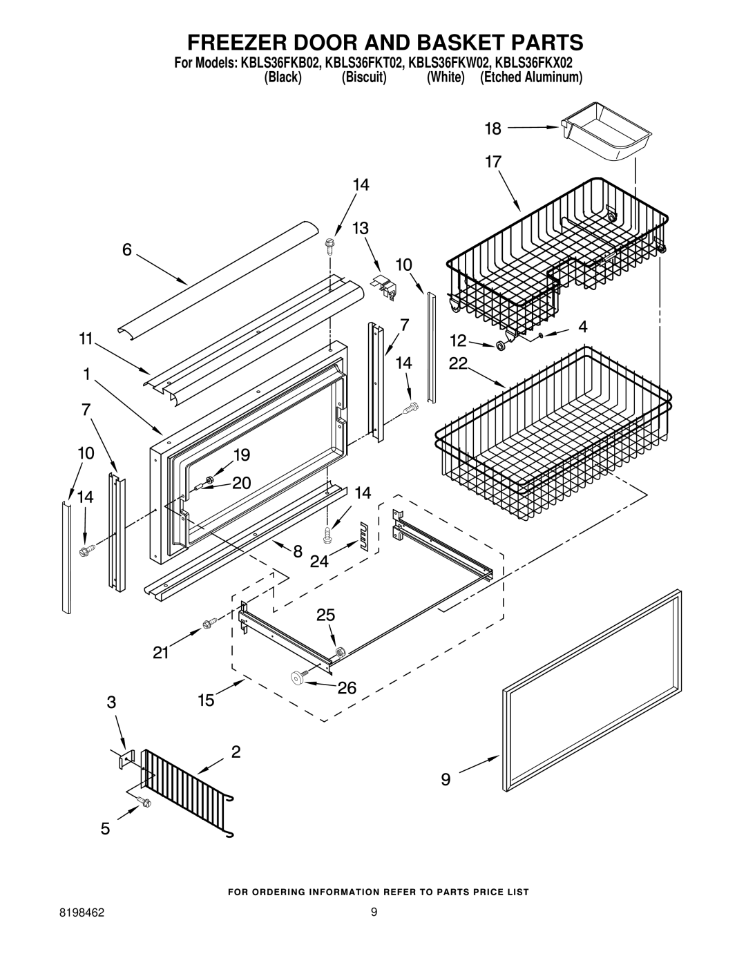 KitchenAid KBLS36FKB02, KBLS36FKT02, KBLS36FKW02, KBLS36FKX02 manual Freezer Door and Basket Parts 