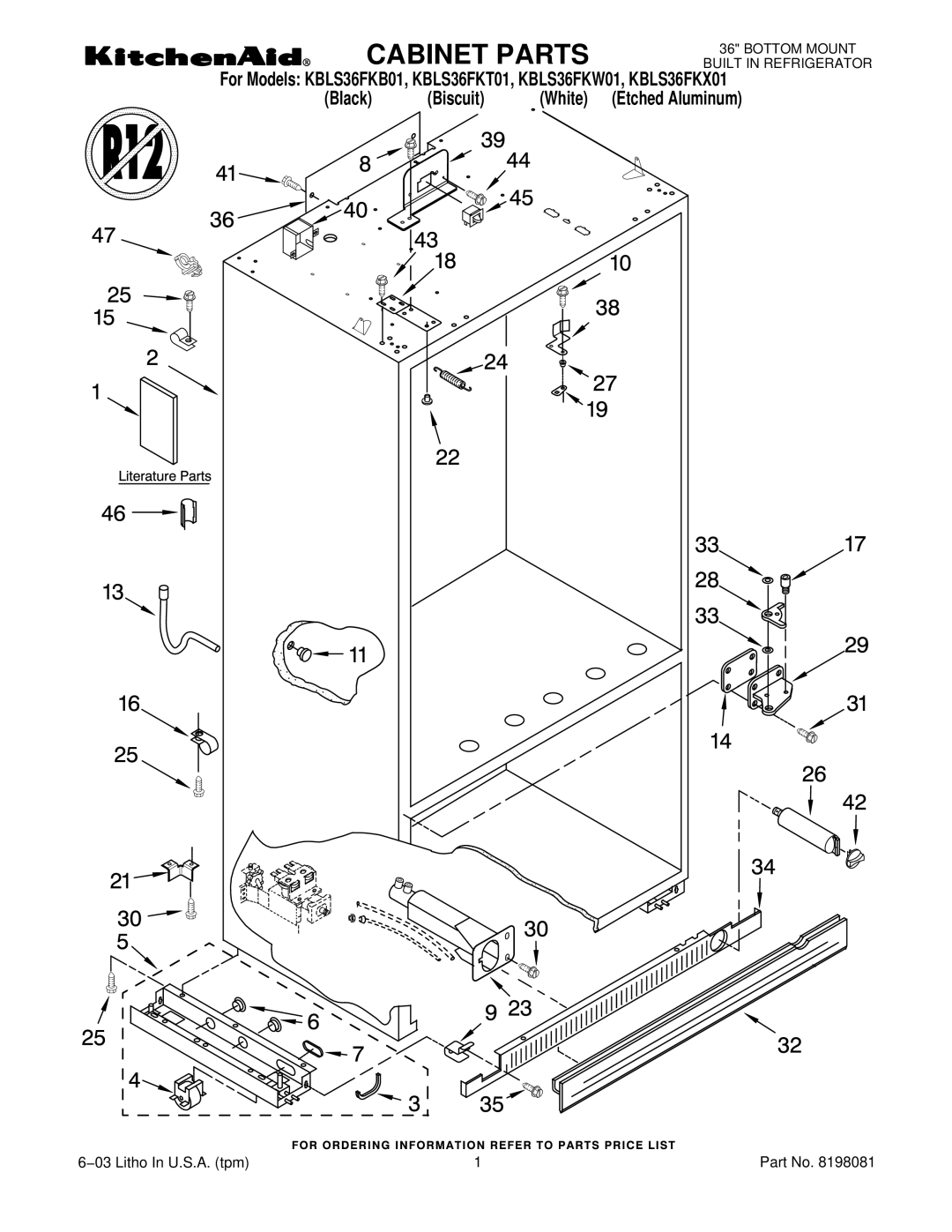 KitchenAid KBLS36FKT01, KBLS36FKW01, KBLS36FKB01, KBLS36FKX01 manual Cabinet Parts 