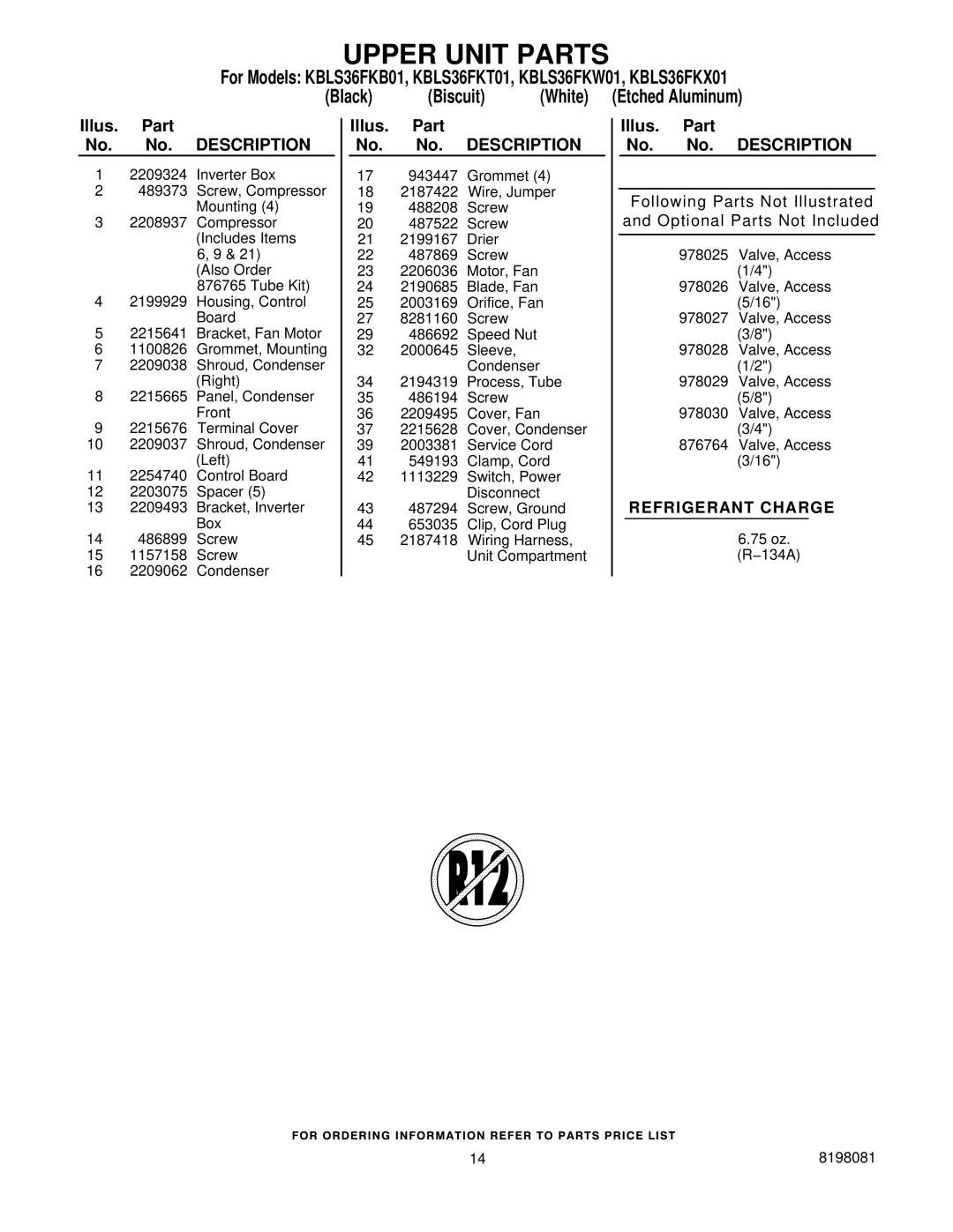 KitchenAid KBLS36FKB01, KBLS36FKW01, KBLS36FKT01, KBLS36FKX01 manual Upper Unit Parts 