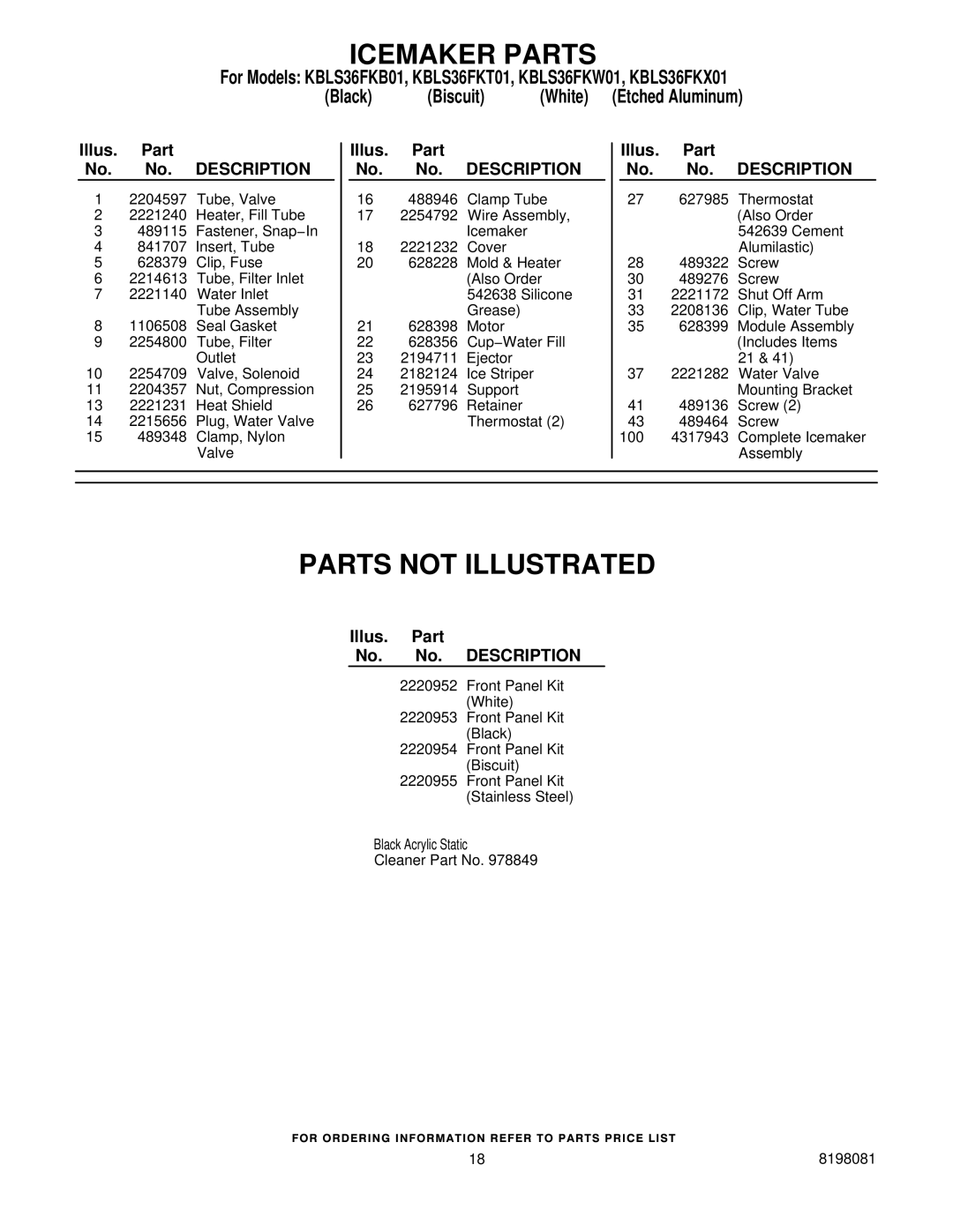 KitchenAid KBLS36FKB01, KBLS36FKW01, KBLS36FKT01, KBLS36FKX01 manual Parts not Illustrated 