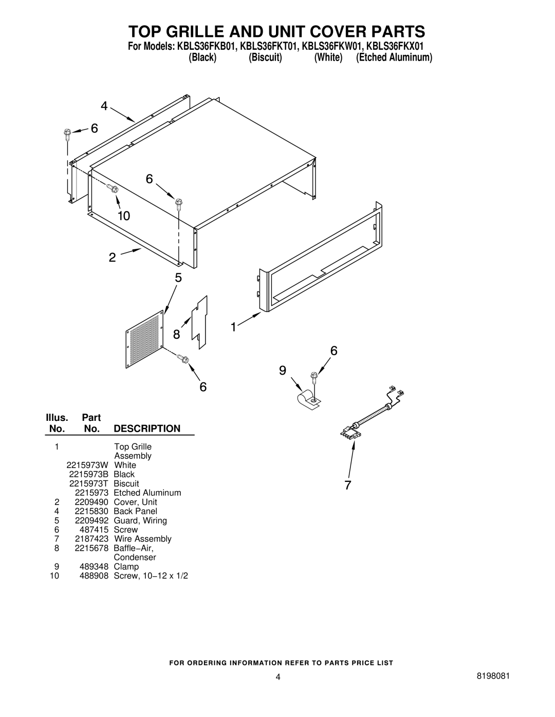 KitchenAid KBLS36FKW01, KBLS36FKT01, KBLS36FKB01, KBLS36FKX01 manual TOP Grille and Unit Cover Parts 