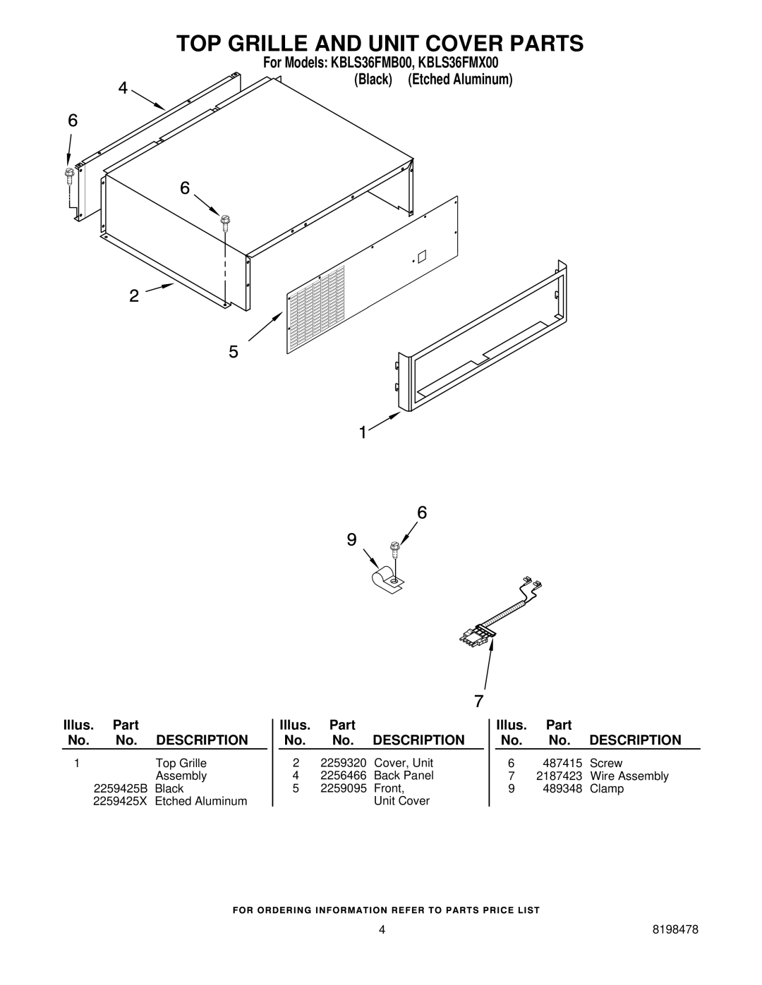 KitchenAid KBLS36FMB00, KBLS36FMX00 manual TOP Grille and Unit Cover Parts 