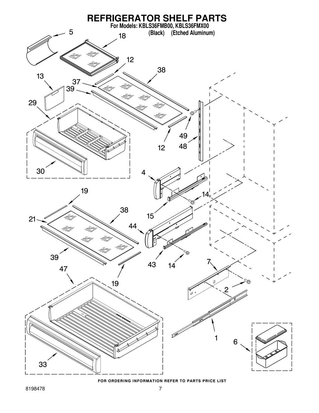 KitchenAid KBLS36FMX00, KBLS36FMB00 manual Refrigerator Shelf Parts 