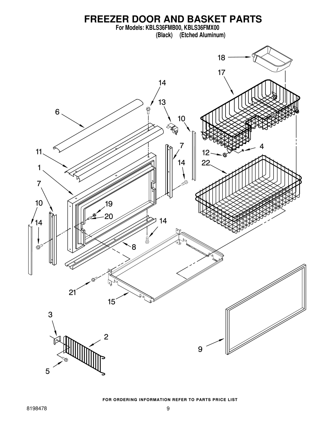 KitchenAid KBLS36FMX00, KBLS36FMB00 manual Freezer Door and Basket Parts 