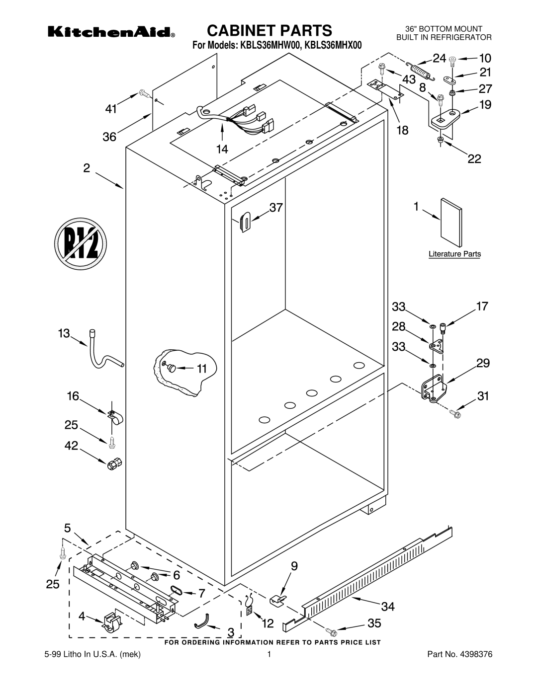 KitchenAid KBLS36MHW00, KBLS36MHX00 manual Cabinet Parts 