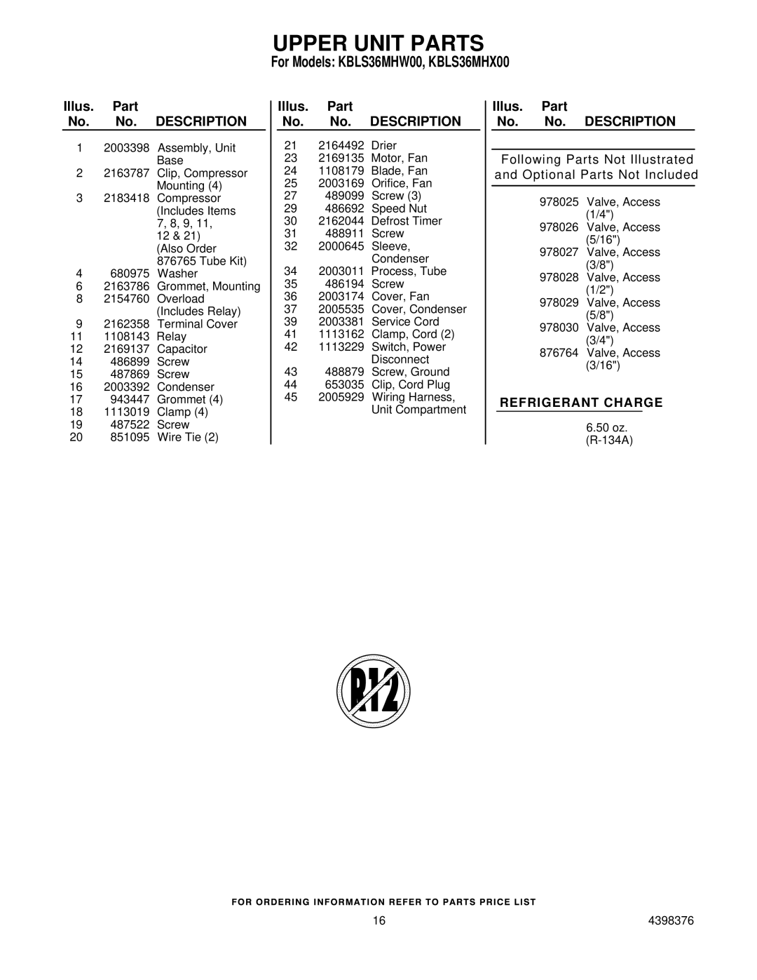 KitchenAid KBLS36MHX00, KBLS36MHW00 manual Upper Unit Parts 