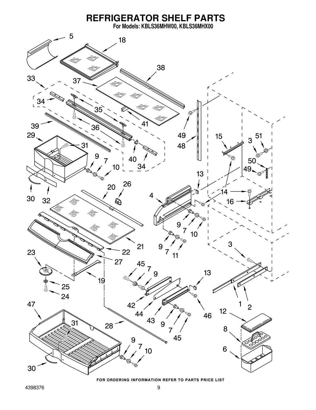 KitchenAid KBLS36MHW00, KBLS36MHX00 manual Refrigerator Shelf Parts 