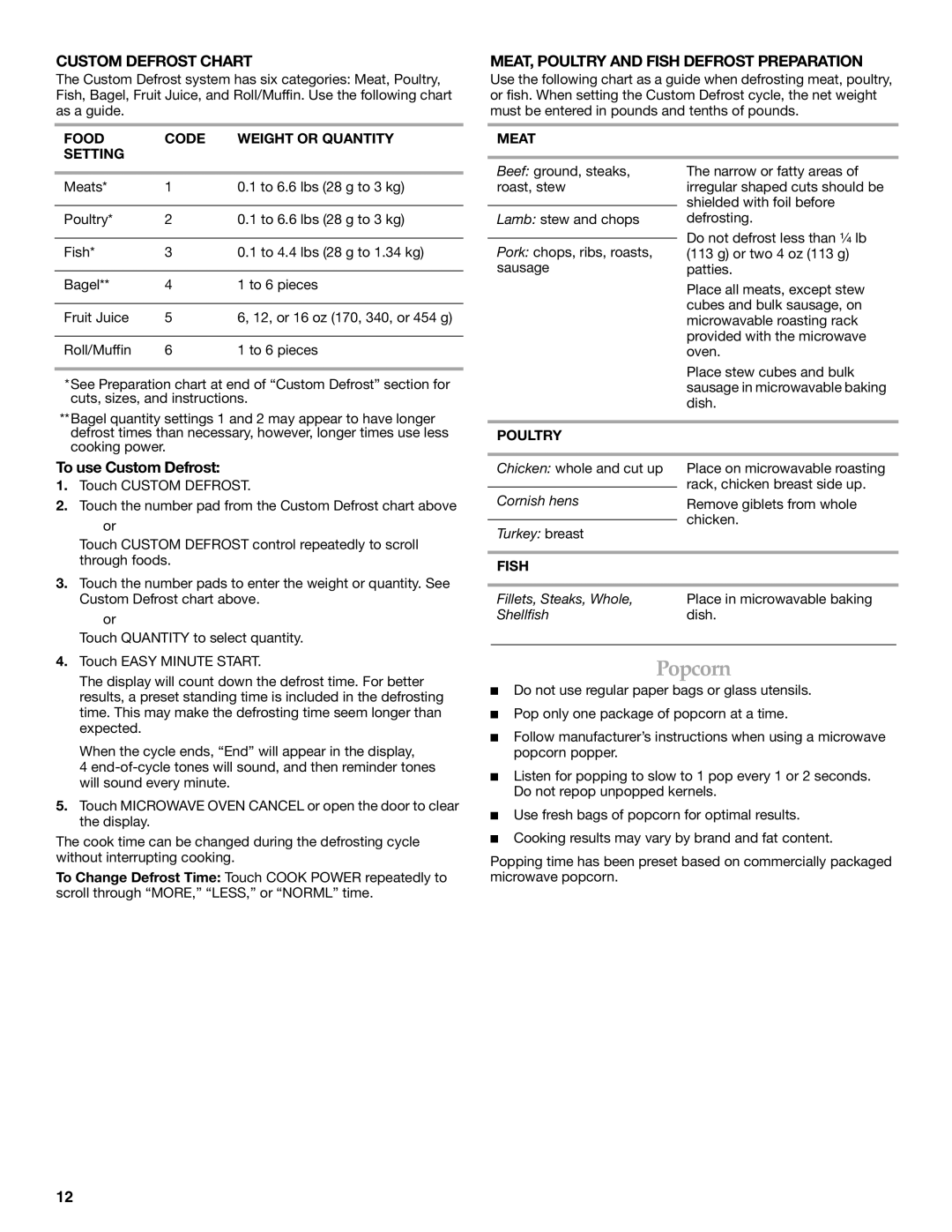 KitchenAid KBMC147 manual Popcorn, Custom Defrost Chart, MEAT, Poultry and Fish Defrost Preparation, To use Custom Defrost 