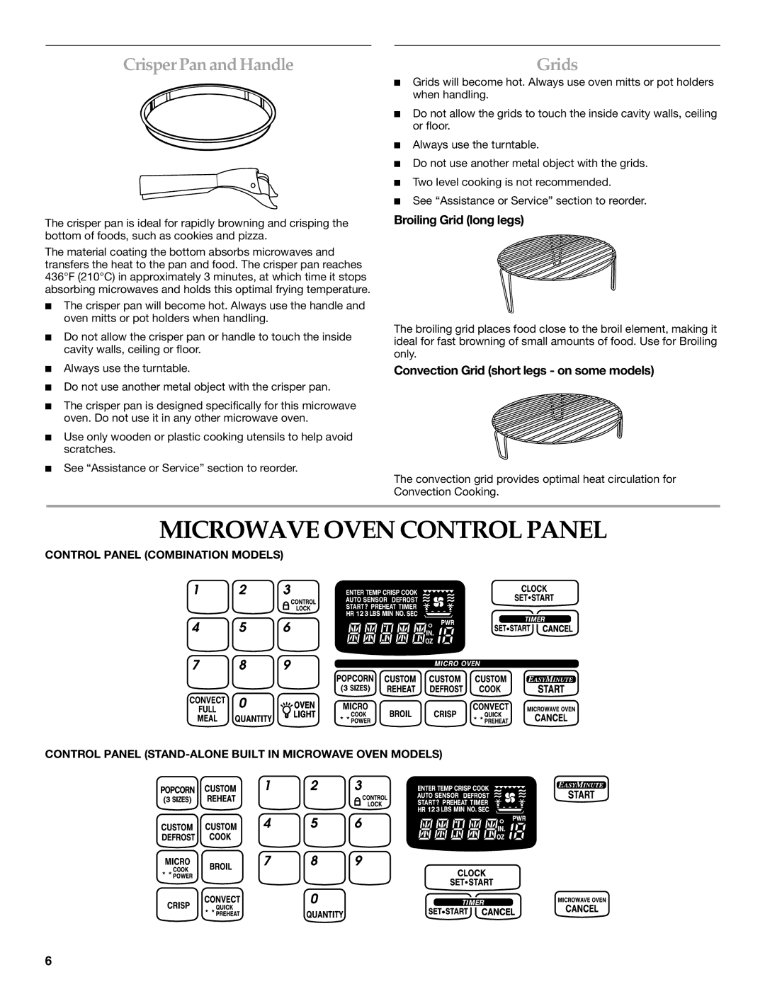 KitchenAid KBMC147, YKBMC140 manual Microwave Oven Control Panel, Crisper Pan and Handle, Broiling Grid long legs 