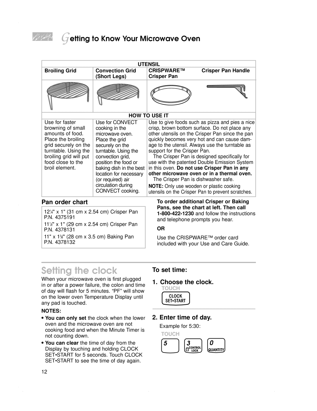 KitchenAid KBMC147H, KBMC140H, KEMS378G Setting the clock, Pan order chart, To set time Choose the clock, Enter time of day 