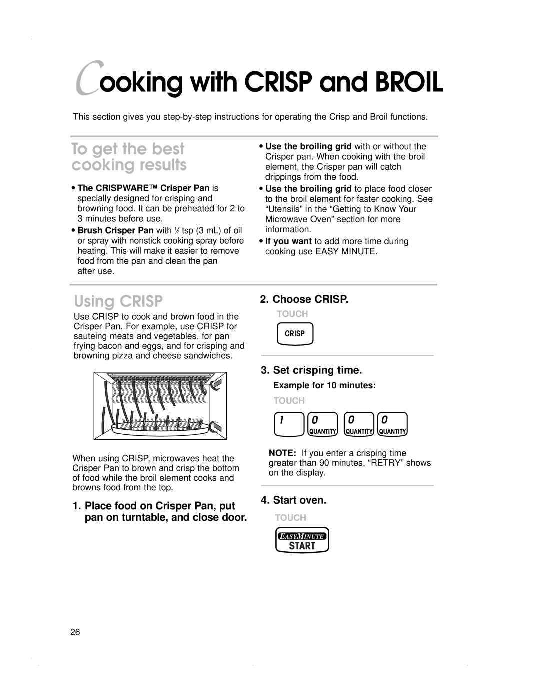 KitchenAid KEMS378G, KBMC147H Cooking with Crisp and Broil, To get the best cooking results, Using Crisp, Choose Crisp 