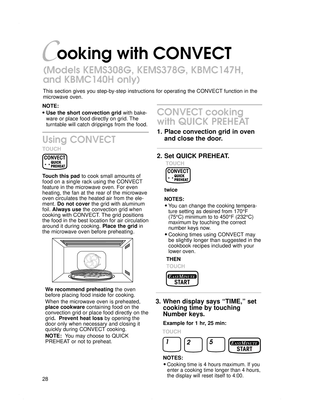 KitchenAid KEMS377G Cooking with Convect, Models KEMS308G, KEMS378G, KBMC147H, and KBMC140H only, Using Convect, Then 