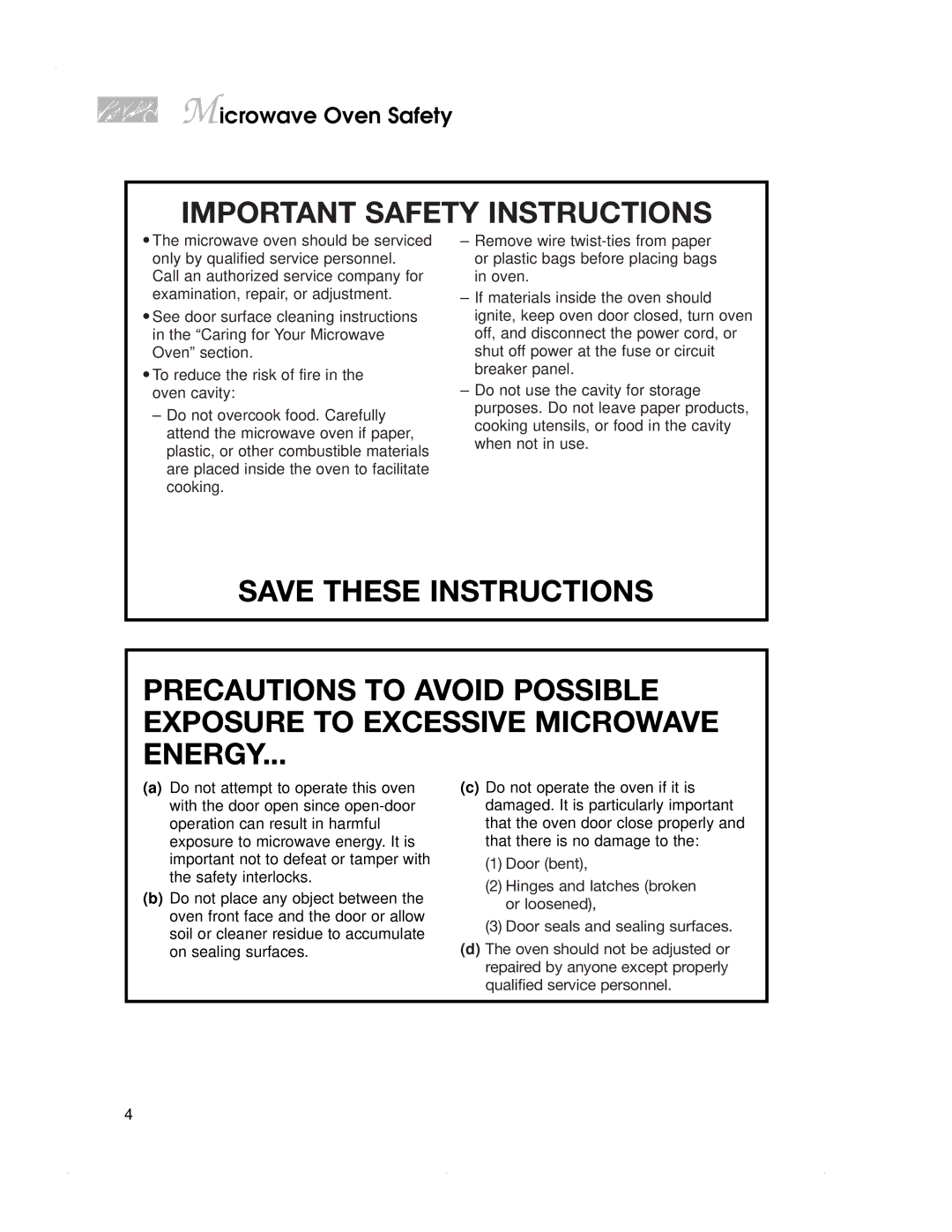 KitchenAid KEMS308G, KBMC147H, KBMC140H, KEMS378G, KEMS377G, KEMS307G warranty Microwave Oven Safety 