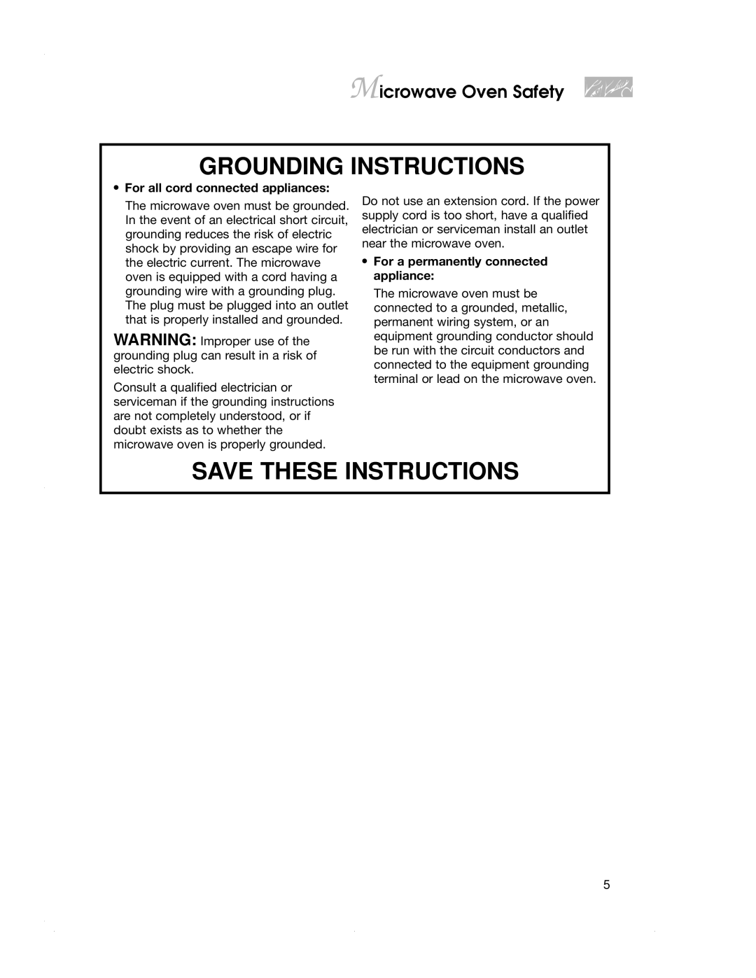 KitchenAid KEMS307G, KBMC147H, KBMC140H, KEMS378G, KEMS377G, KEMS308G warranty Grounding Instructions 