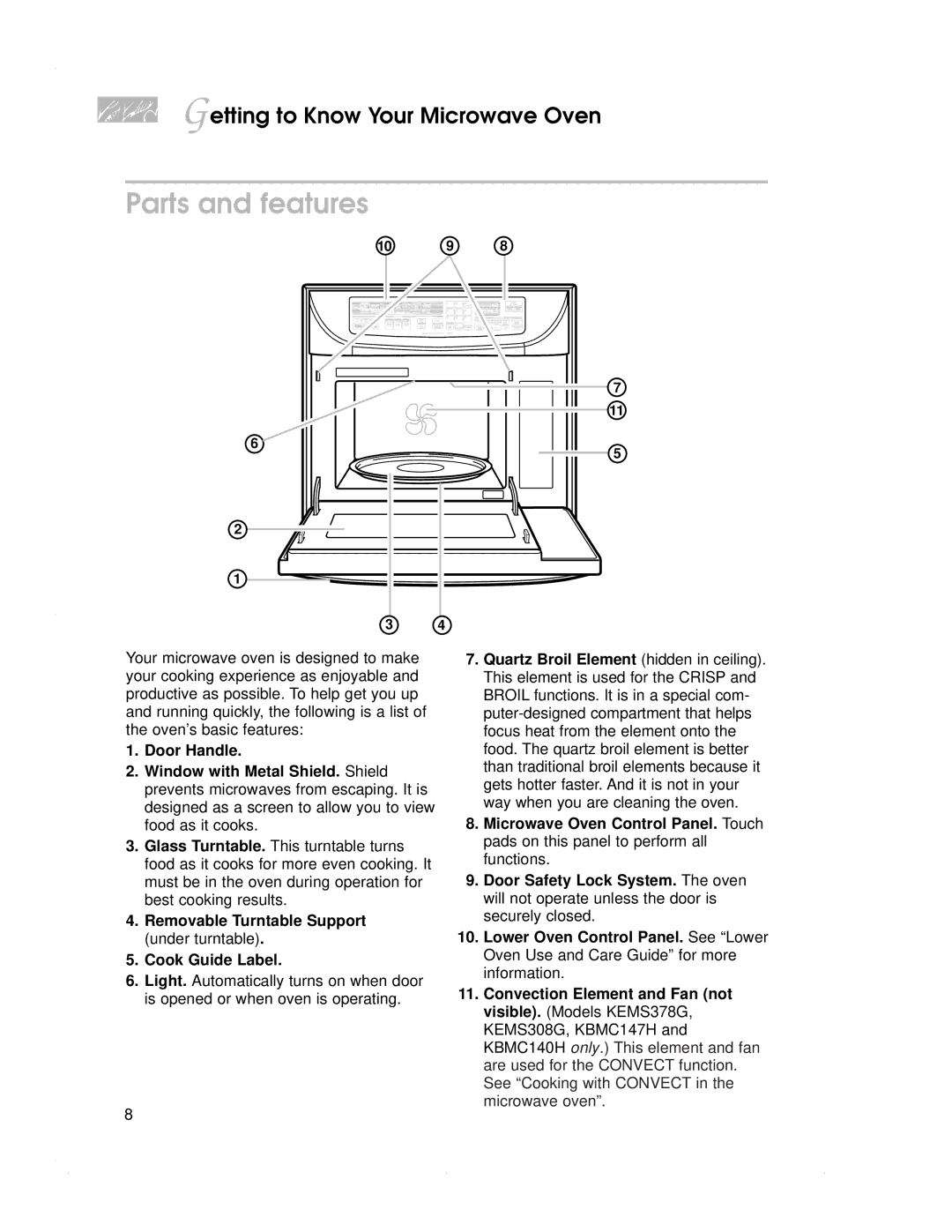 KitchenAid KEMS378G, KBMC147H, KBMC140H Parts and features, Removable Turntable Support under turntable Cook Guide Label 