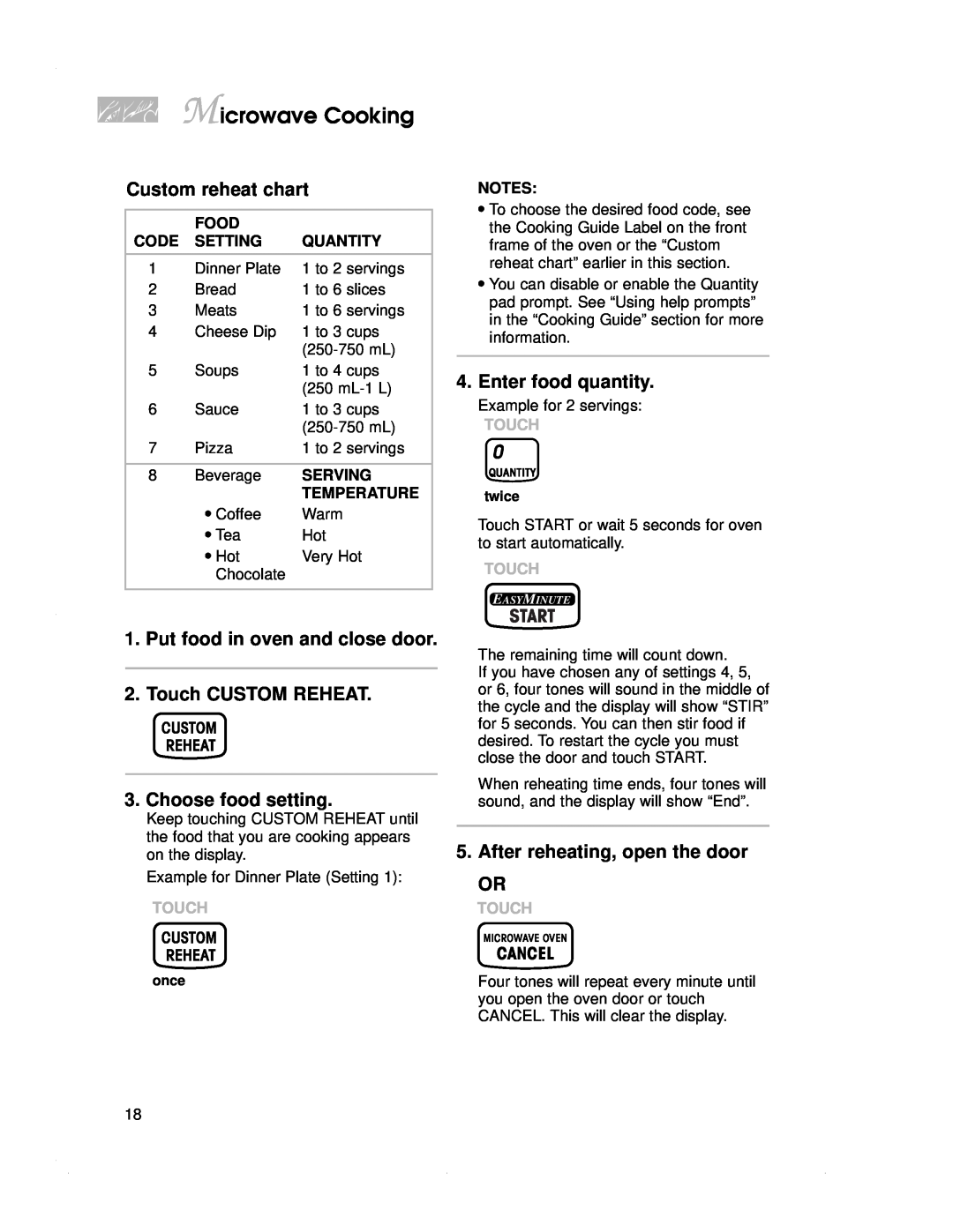 KitchenAid KBMC147H Custom reheat chart, Put food in oven and close door 2. Touch CUSTOM REHEAT, Choose food setting 