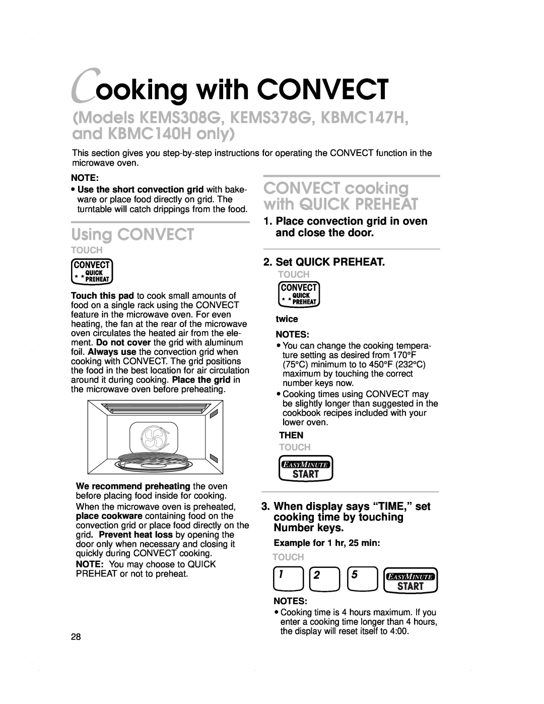 KitchenAid Cooking with CONVECT, Models KEMS308G, KEMS378G, KBMC147H, and KBMC140H only, Using CONVECT, Convect, Start 