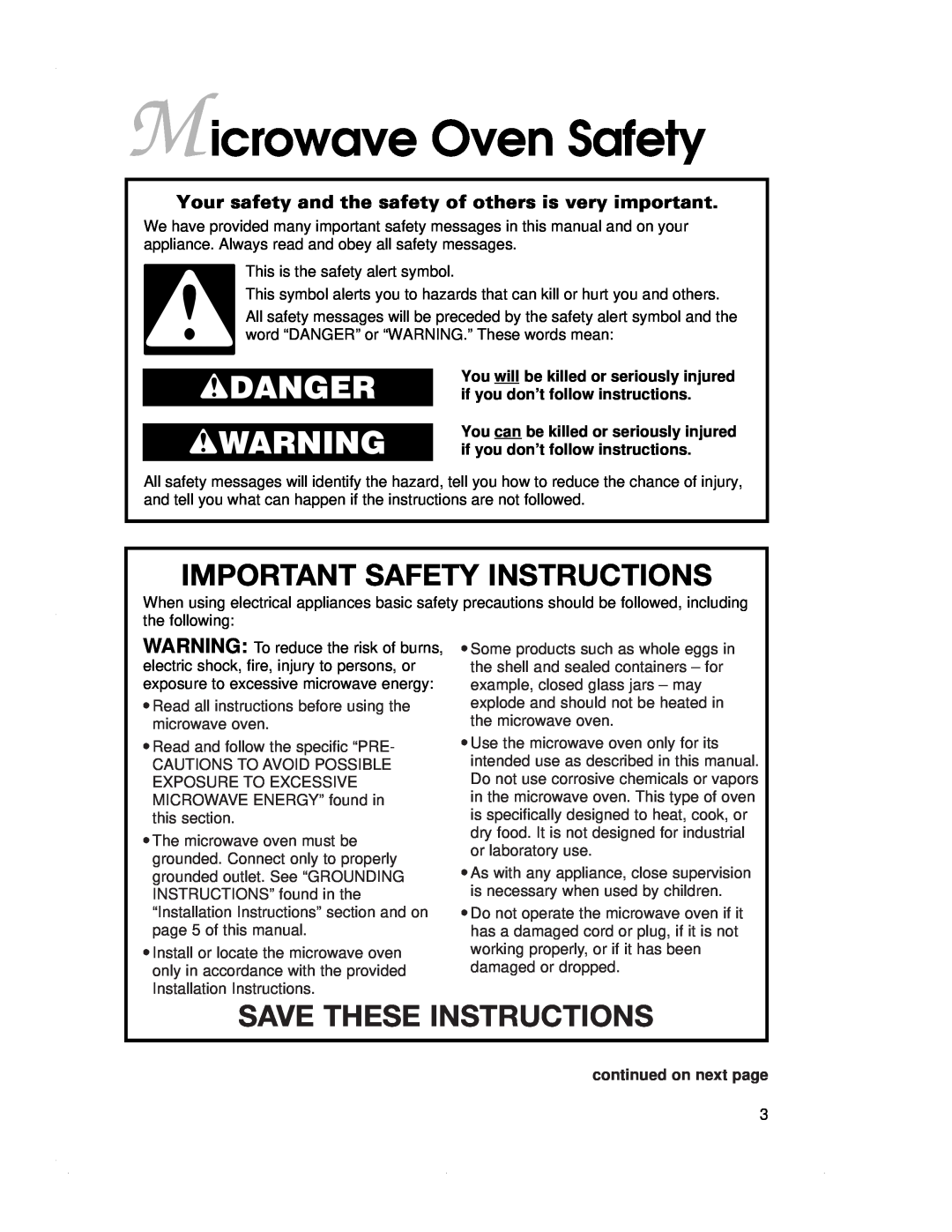 KitchenAid KEMS377G Microwave Oven Safety, Important Safety Instructions, Save These Instructions, wDANGER wWARNING 