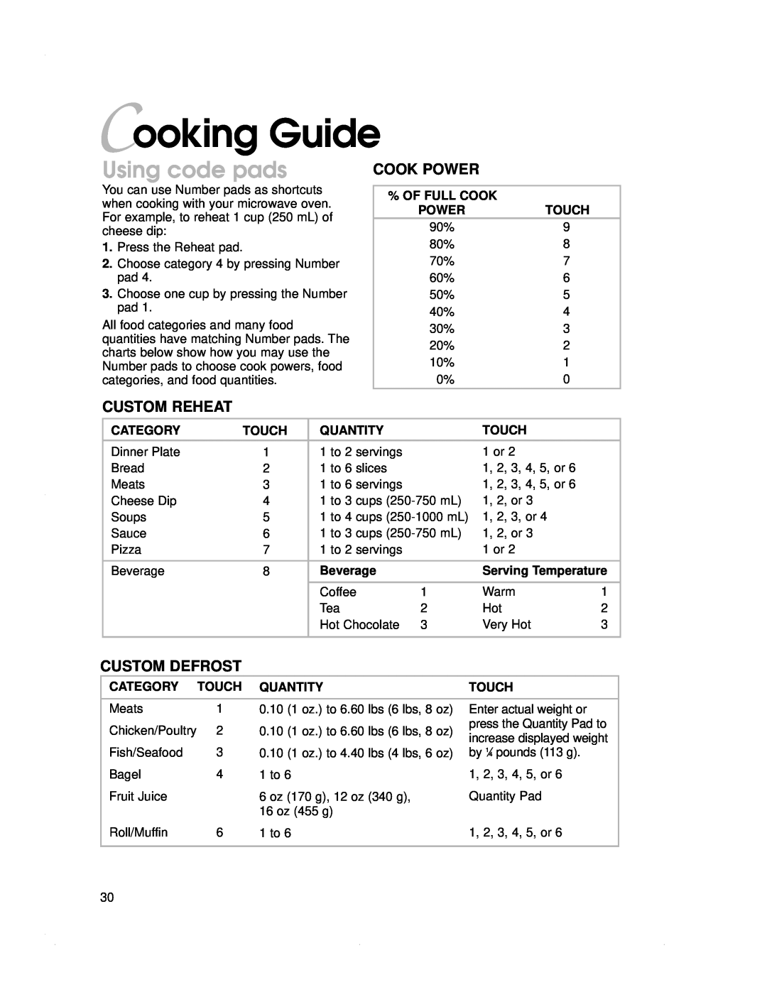 KitchenAid KBMC147H, KBMC140H, KEMS378G, KEMS377G Cooking Guide, Using code pads, Cook Power, Custom Reheat, Custom Defrost 
