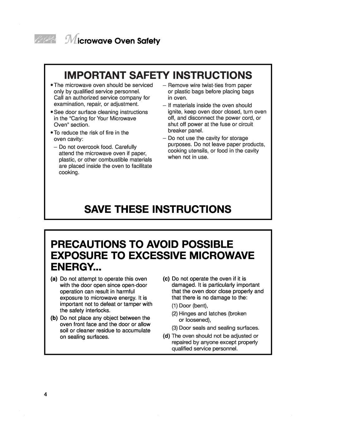 KitchenAid KEMS308G, KBMC147H Precautions To Avoid Possible Exposure To Excessive Microwave Energy, Microwave Oven Safety 